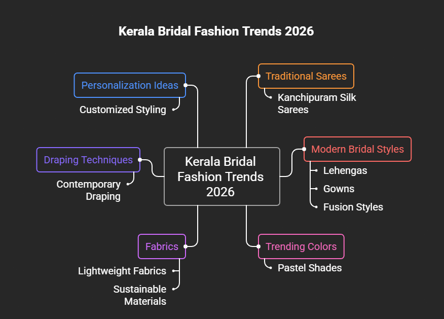 kerala bridal dress trends 2026 sarees, lehengas, gowns, colors, and styling ideas visual selection