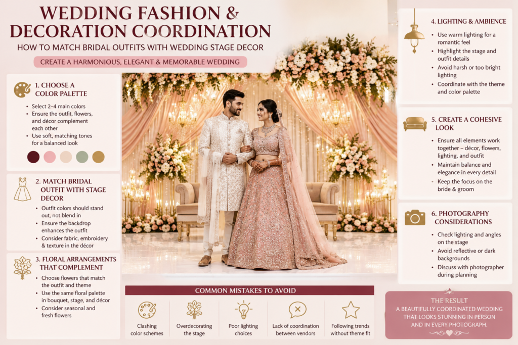 Wedding Fashion and Decoration Coordination: How to Match Bridal Outfits with Wedding Stage Decor featured image