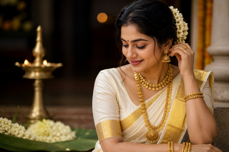 Best Jewelry to Wear with a Kasavu Saree During Onam